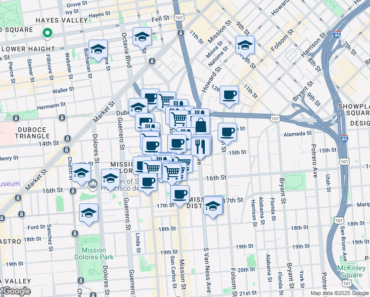 map of restaurants, bars, coffee shops, grocery stores, and more near in San Francisco