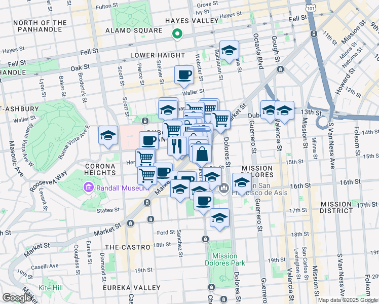 map of restaurants, bars, coffee shops, grocery stores, and more near 2124-2126 Market Street in San Francisco