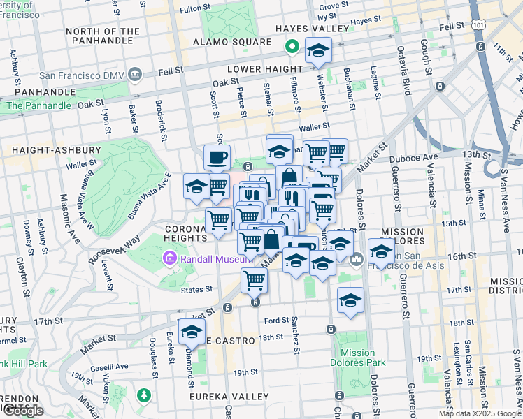 map of restaurants, bars, coffee shops, grocery stores, and more near 129 Noe Street in San Francisco