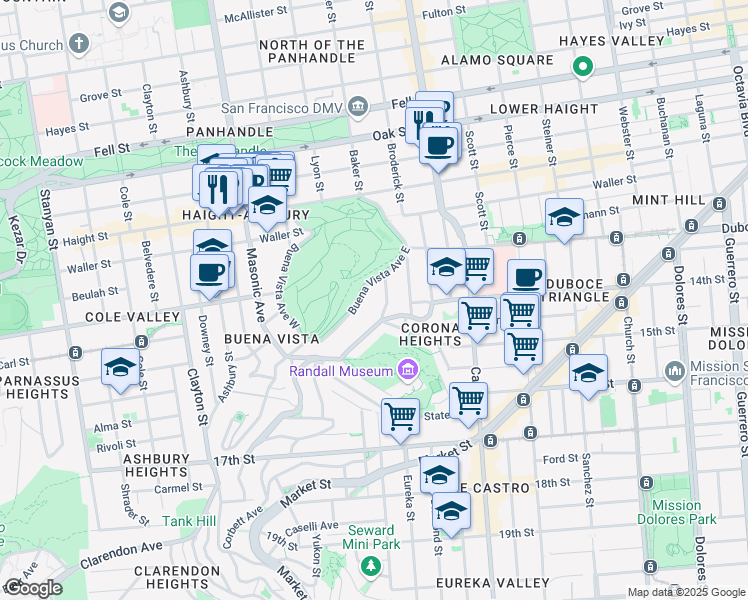 map of restaurants, bars, coffee shops, grocery stores, and more near 355 Buena Vista Avenue East in San Francisco