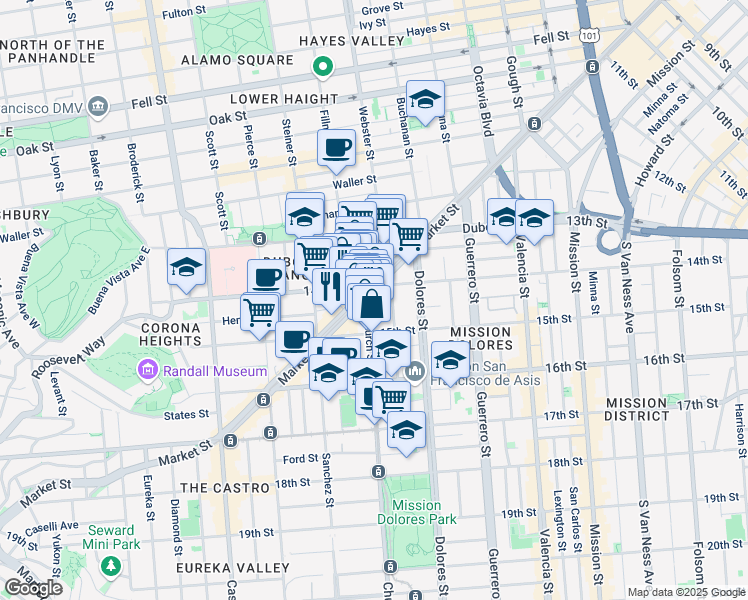 map of restaurants, bars, coffee shops, grocery stores, and more near 233 Church Street in San Francisco