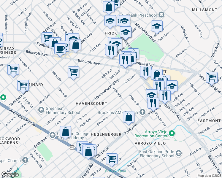 map of restaurants, bars, coffee shops, grocery stores, and more near 2558 Havenscourt Boulevard in Oakland
