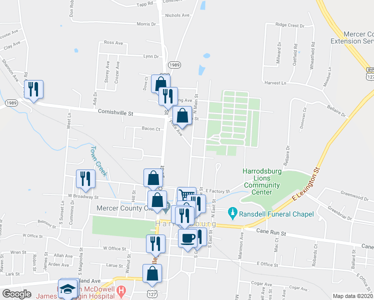 map of restaurants, bars, coffee shops, grocery stores, and more near 414 North Main Street in Harrodsburg