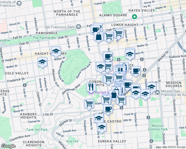 map of restaurants, bars, coffee shops, grocery stores, and more near 99 Buena Vista Terrace in San Francisco