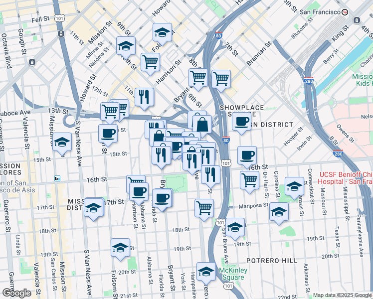 map of restaurants, bars, coffee shops, grocery stores, and more near 145 Hampshire Street in San Francisco