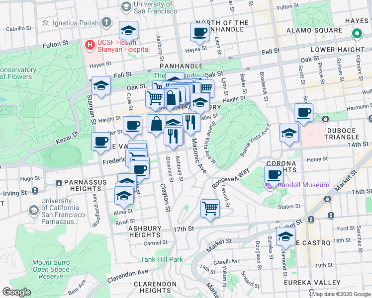 map of restaurants, bars, coffee shops, grocery stores, and more near Frederick St & Delmar St in San Francisco