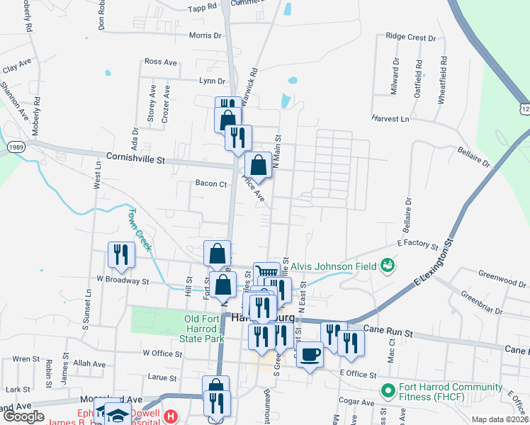 map of restaurants, bars, coffee shops, grocery stores, and more near 414 North Main Street in Harrodsburg