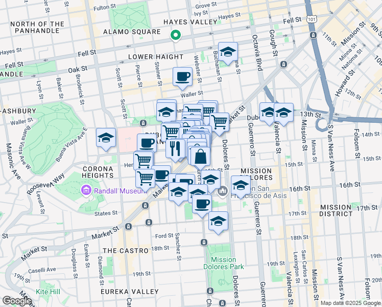 map of restaurants, bars, coffee shops, grocery stores, and more near 2124-2126 Market Street in San Francisco