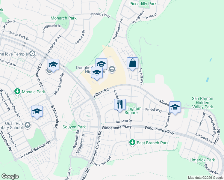 map of restaurants, bars, coffee shops, grocery stores, and more near 1404 Allanmere Drive in San Ramon