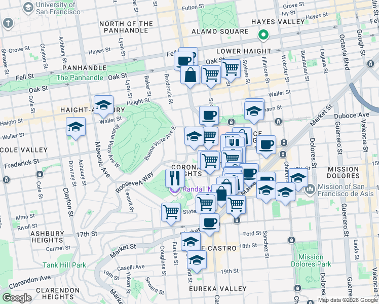 map of restaurants, bars, coffee shops, grocery stores, and more near 1073 14th Street in San Francisco