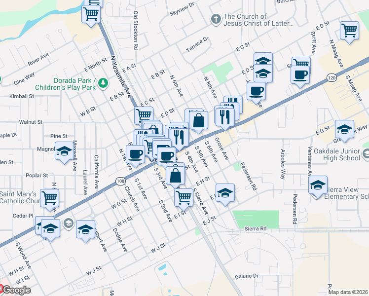 map of restaurants, bars, coffee shops, grocery stores, and more near 102 South 4th Avenue in Oakdale