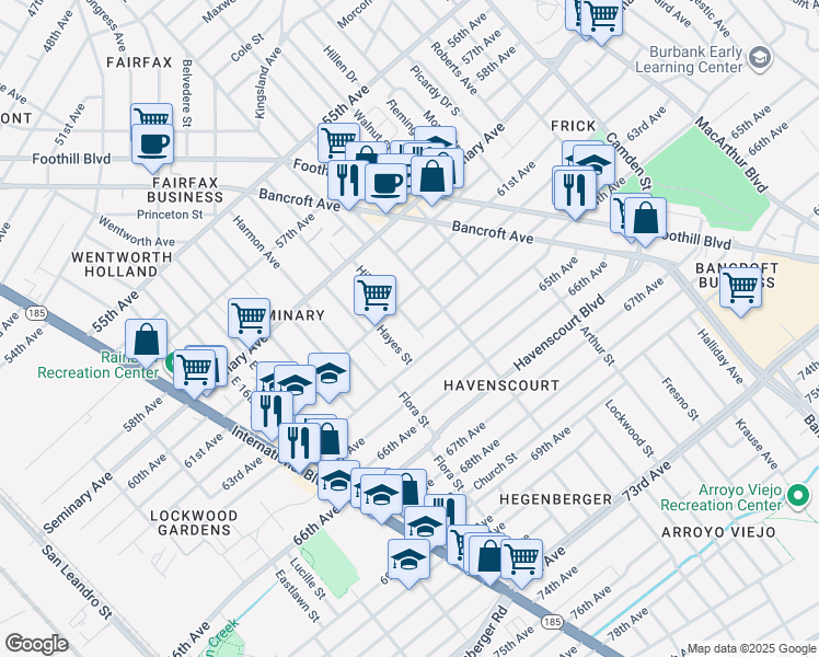 map of restaurants, bars, coffee shops, grocery stores, and more near 6230 Hayes Street in Oakland