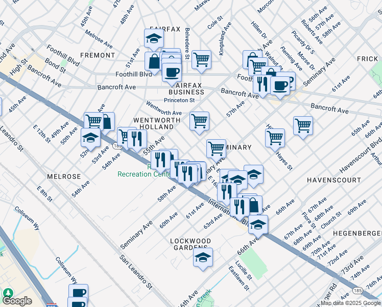 map of restaurants, bars, coffee shops, grocery stores, and more near 1604 57th Avenue in Oakland
