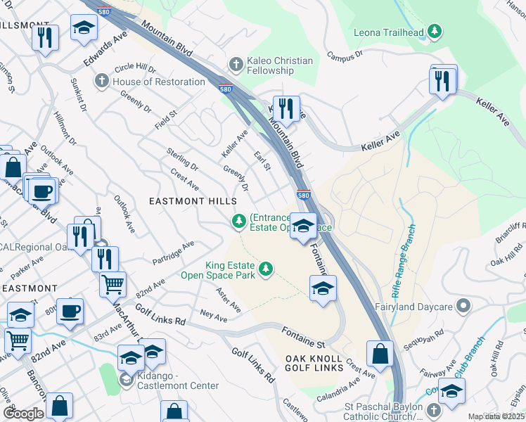 map of restaurants, bars, coffee shops, grocery stores, and more near 8124 Greenly Drive in Oakland