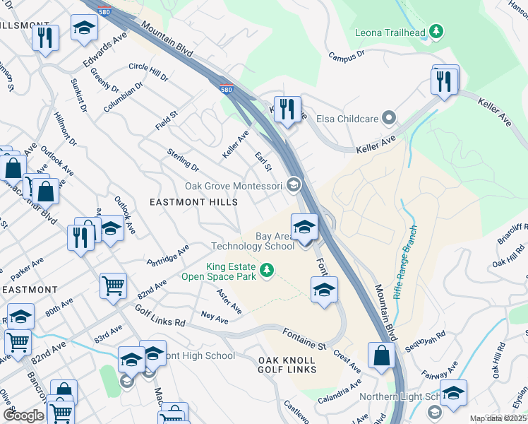 map of restaurants, bars, coffee shops, grocery stores, and more near 8124 Greenly Drive in Oakland