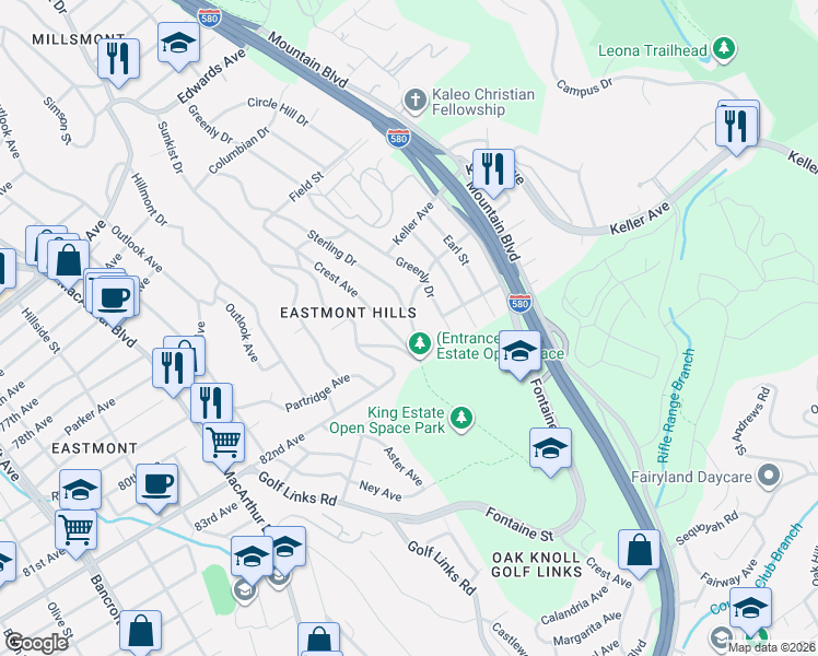 map of restaurants, bars, coffee shops, grocery stores, and more near 8017 Crest Avenue in Oakland