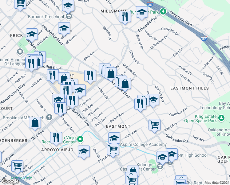 map of restaurants, bars, coffee shops, grocery stores, and more near 2748 76th Avenue in Oakland