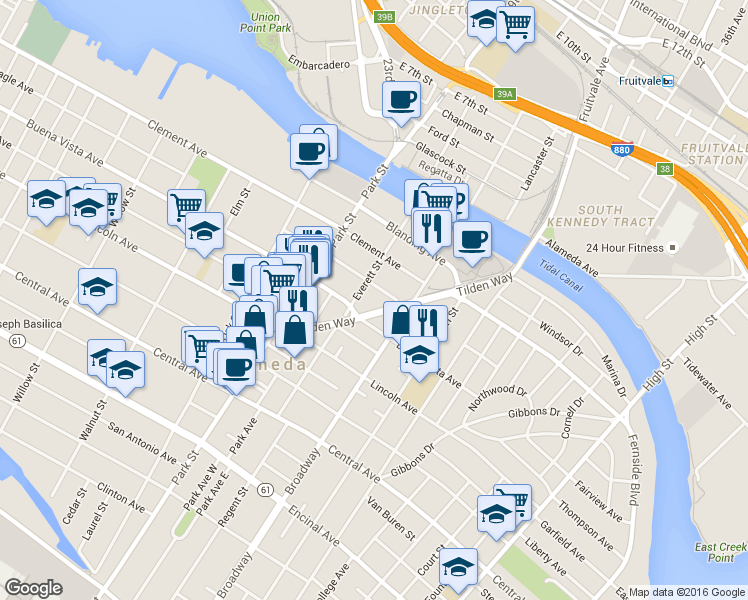 map of restaurants, bars, coffee shops, grocery stores, and more near 2500 Tilden Way in Alameda