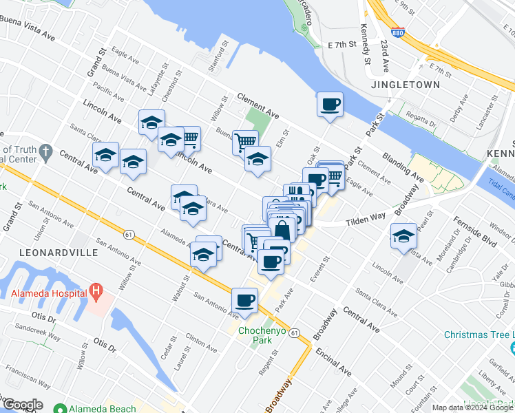 map of restaurants, bars, coffee shops, grocery stores, and more near in Alameda