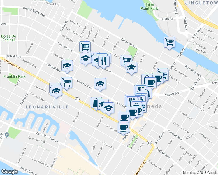 map of restaurants, bars, coffee shops, grocery stores, and more near 1419 Walnut Street in Alameda