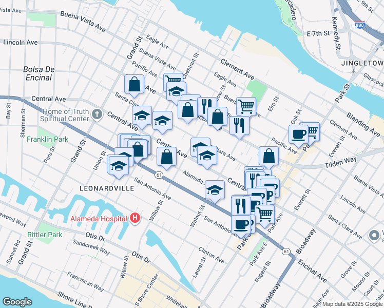 map of restaurants, bars, coffee shops, grocery stores, and more near 2068 Central Avenue in Alameda