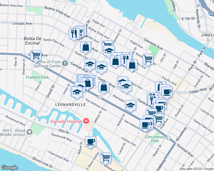 map of restaurants, bars, coffee shops, grocery stores, and more near 2041 Alameda Avenue in Alameda