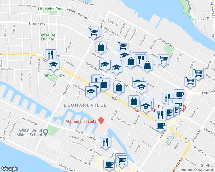 map of restaurants, bars, coffee shops, grocery stores, and more near 2016 Alameda Avenue in Alameda