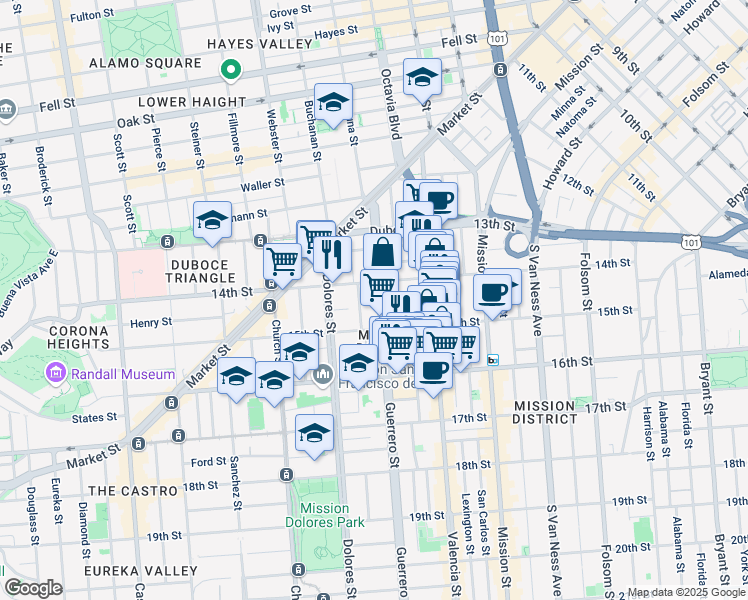 map of restaurants, bars, coffee shops, grocery stores, and more near 269 Guerrero Street in San Francisco