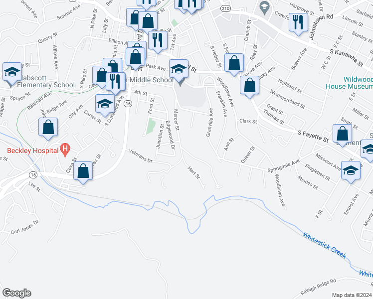 map of restaurants, bars, coffee shops, grocery stores, and more near 216 Mercer Street in Beckley