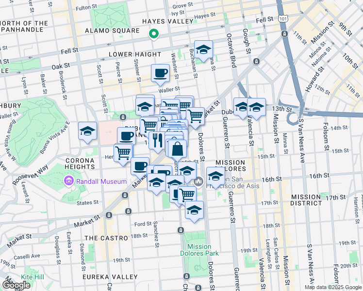 map of restaurants, bars, coffee shops, grocery stores, and more near 233 Church Street in San Francisco