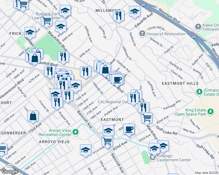 map of restaurants, bars, coffee shops, grocery stores, and more near 2757 76th Avenue in Oakland