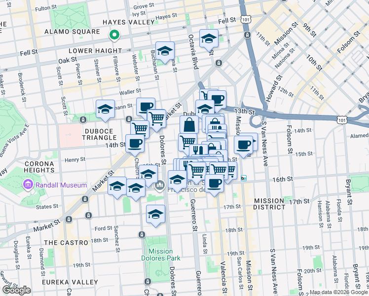 map of restaurants, bars, coffee shops, grocery stores, and more near 269 Guerrero Street in San Francisco