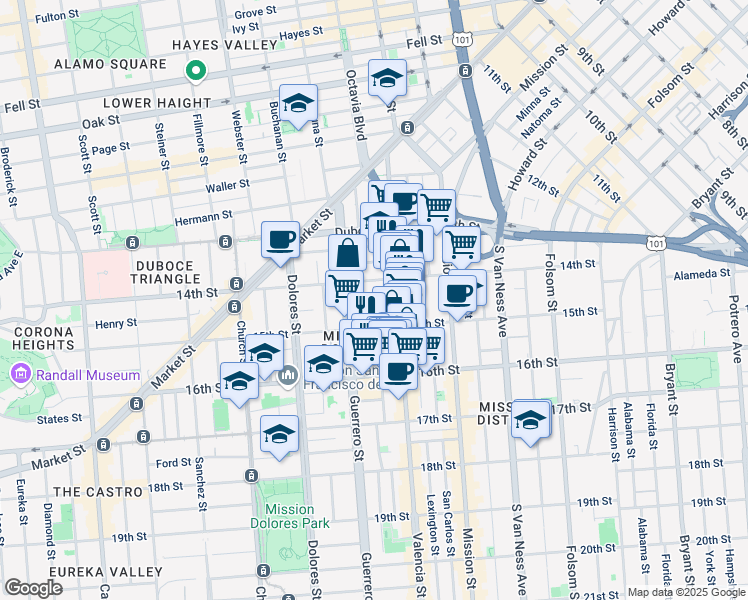 map of restaurants, bars, coffee shops, grocery stores, and more near Rosa Parks Lane in San Francisco