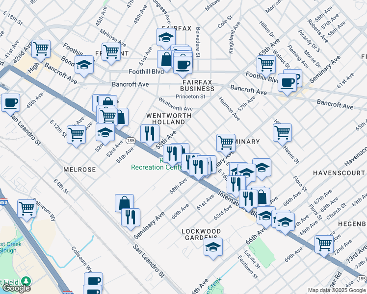 map of restaurants, bars, coffee shops, grocery stores, and more near 1502 56th Avenue in Oakland