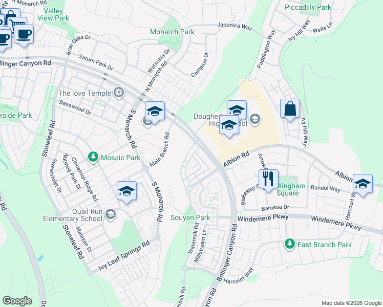 map of restaurants, bars, coffee shops, grocery stores, and more near 812 Joree Lane in San Ramon