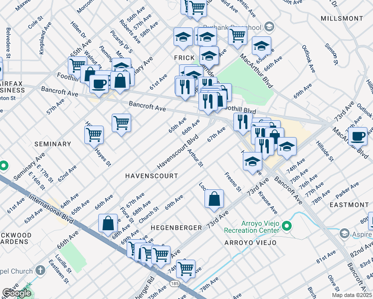 map of restaurants, bars, coffee shops, grocery stores, and more near 2570 Havenscourt Boulevard in Oakland