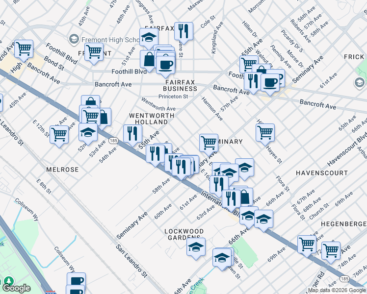 map of restaurants, bars, coffee shops, grocery stores, and more near 1604 57th Avenue in Oakland