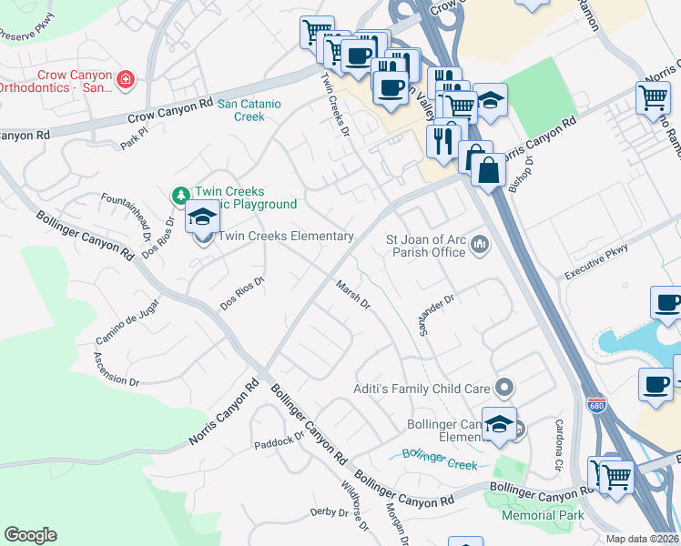 map of restaurants, bars, coffee shops, grocery stores, and more near 3737 Norris Canyon Road in San Ramon