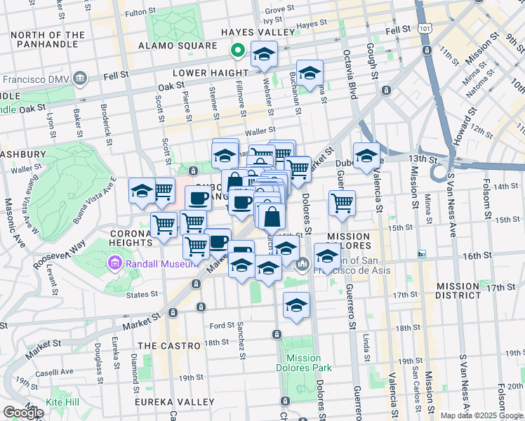 map of restaurants, bars, coffee shops, grocery stores, and more near 2112 Market Street in San Francisco