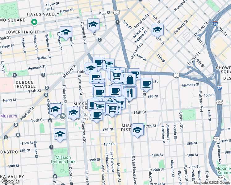 map of restaurants, bars, coffee shops, grocery stores, and more near in San Francisco