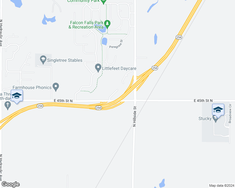 map of restaurants, bars, coffee shops, grocery stores, and more near 2832 East 45th Court North in Wichita