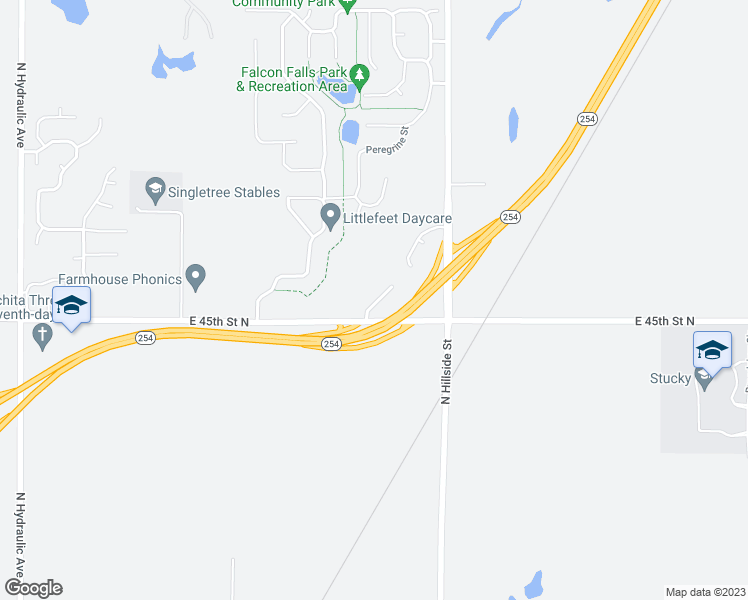 map of restaurants, bars, coffee shops, grocery stores, and more near 2840 East 45th Street North in Wichita