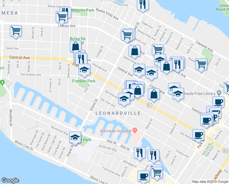 map of restaurants, bars, coffee shops, grocery stores, and more near 1111 Union Street in Alameda
