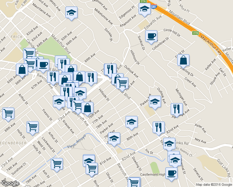 map of restaurants, bars, coffee shops, grocery stores, and more near 2763 76th Avenue in Oakland