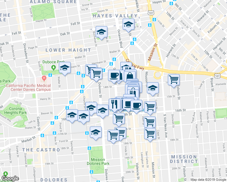 map of restaurants, bars, coffee shops, grocery stores, and more near 269 Guerrero Street in San Francisco