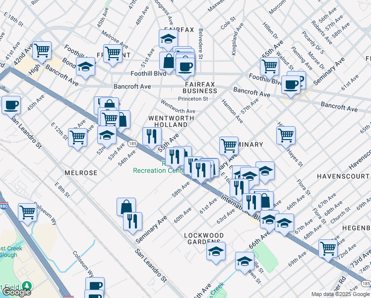 map of restaurants, bars, coffee shops, grocery stores, and more near 1502 56th Avenue in Oakland