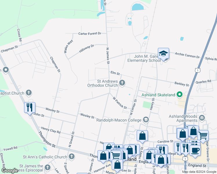 map of restaurants, bars, coffee shops, grocery stores, and more near 502 North James Street in Ashland