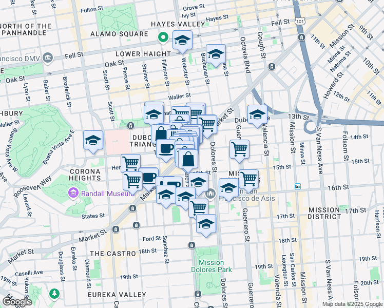 map of restaurants, bars, coffee shops, grocery stores, and more near 233 Church Street in San Francisco
