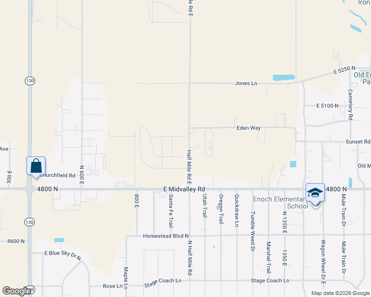 map of restaurants, bars, coffee shops, grocery stores, and more near 4801-4983 N 1000 E in Enoch