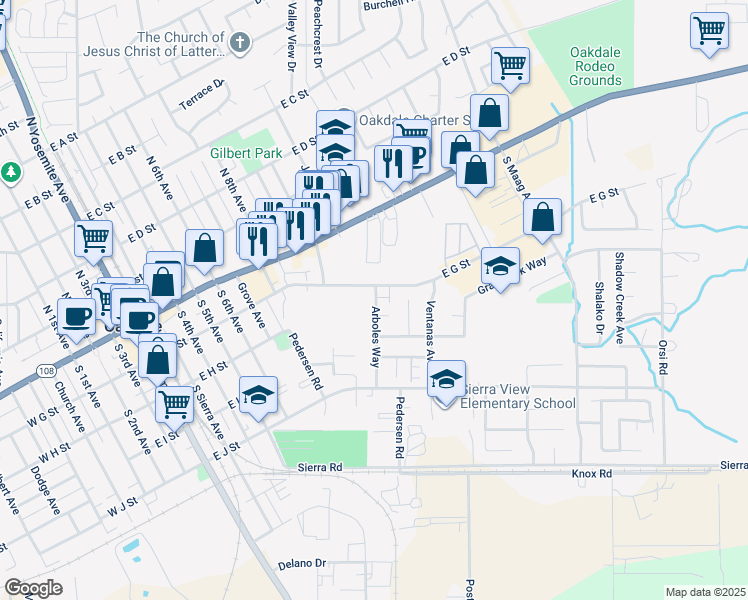 map of restaurants, bars, coffee shops, grocery stores, and more near 294 Arboles Way in Oakdale